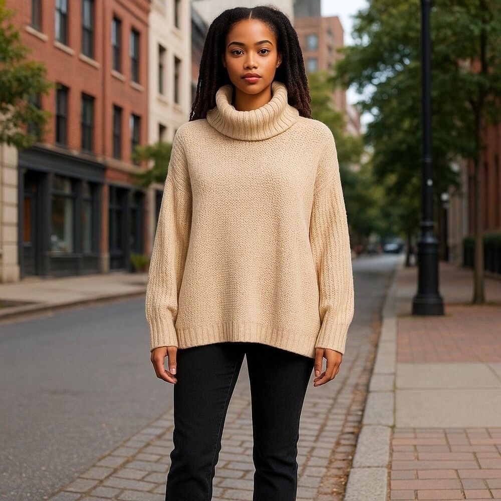 DOE &‎ RAE Sweater Large Oversized Cowl Neck Turtleneck Cream NWT NEW